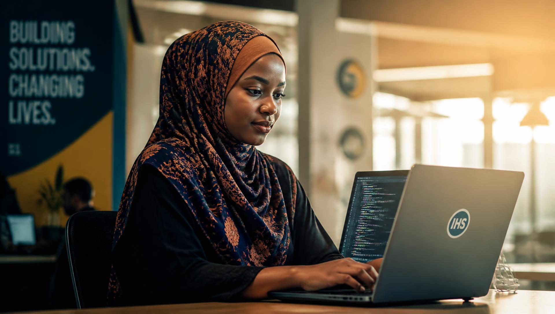 A young Northern Nigerian woman coding on an IHS-branded laptop in a modern tech hub