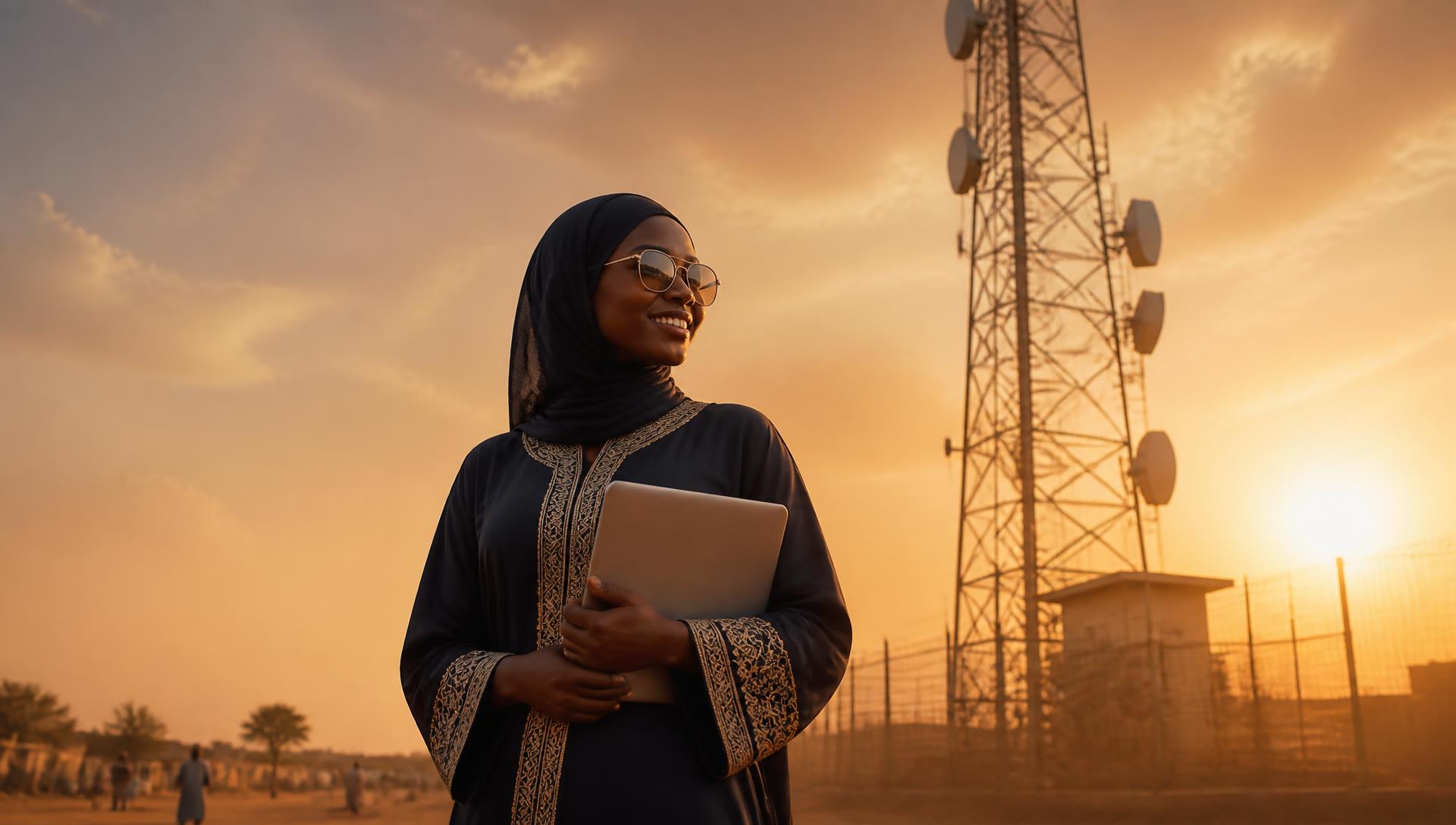 A smiling Northern Nigerian woman developer holding a laptop beside a telecom tower at sunset